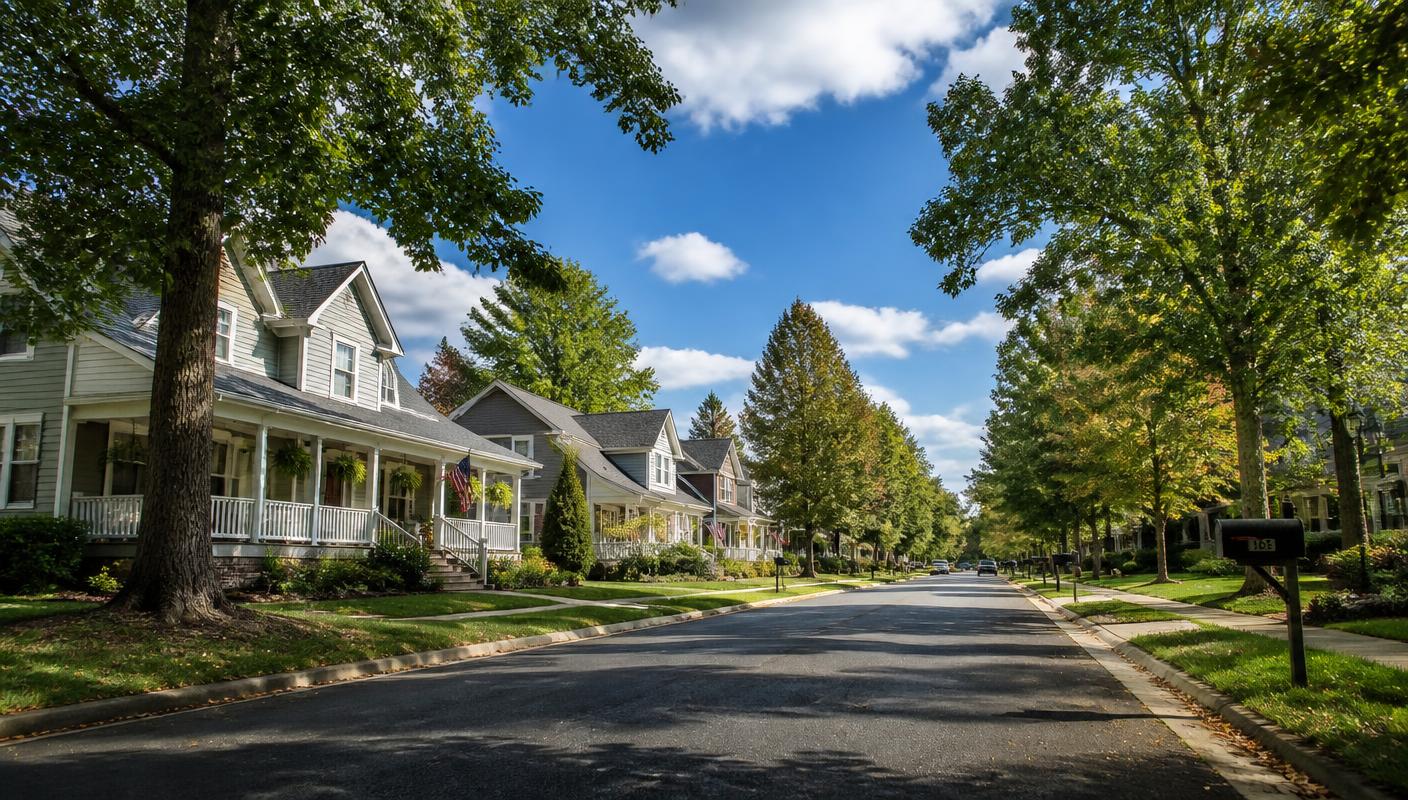 Tree-lined street of family homes in a friendly neighborhood
