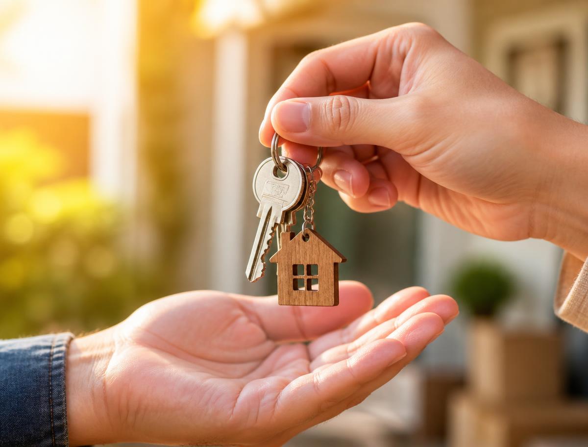 Handing over house keys with a wooden house keychain