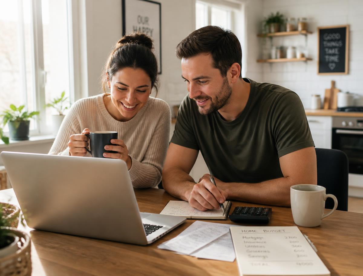Couple reviewing their home budget together at the kitchen table